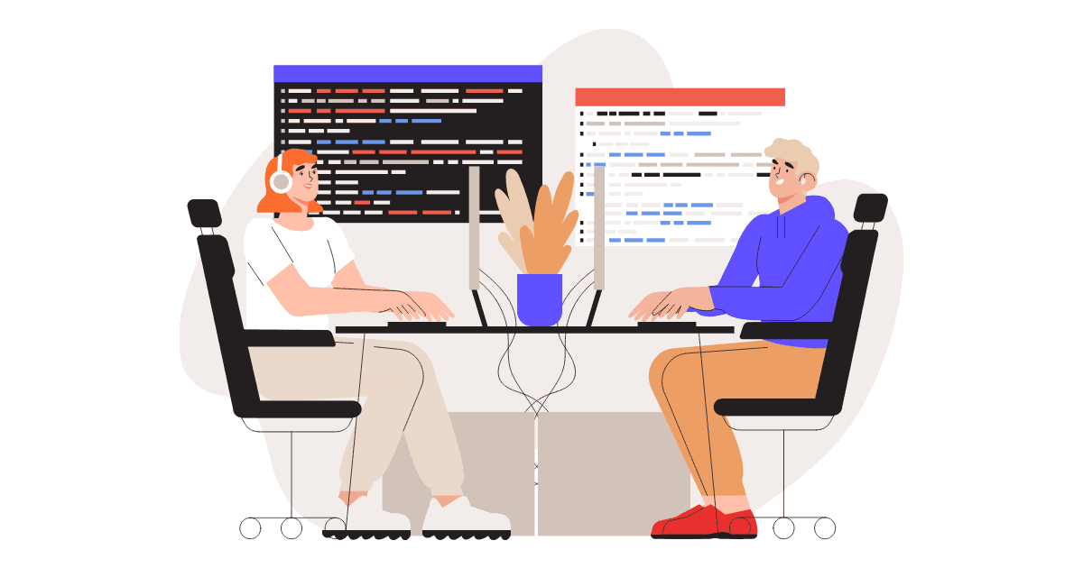 Two people sitting at a table with software coding in background